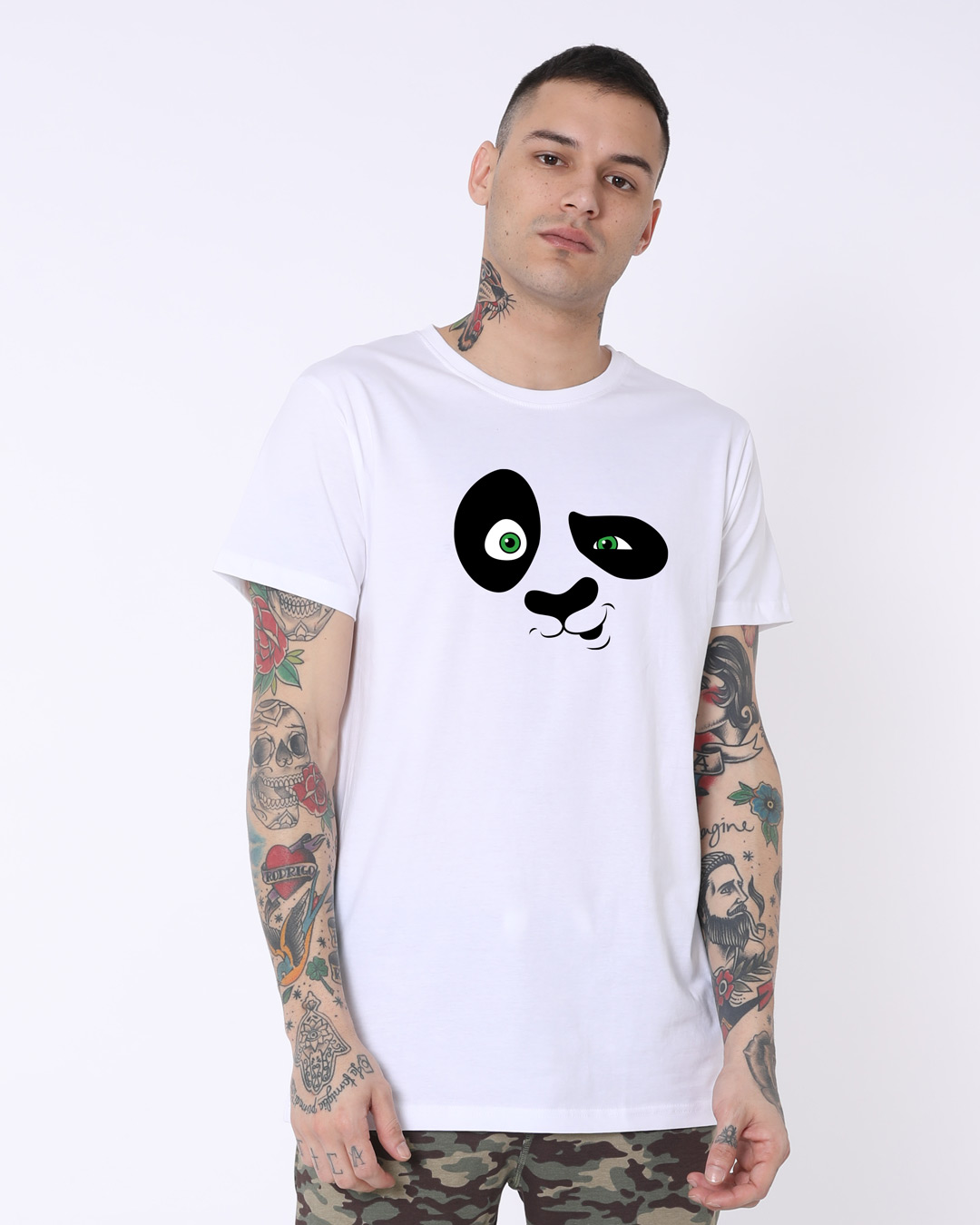 Shop Crazy Panda Half Sleeve LonglineT-Shirt White-Back