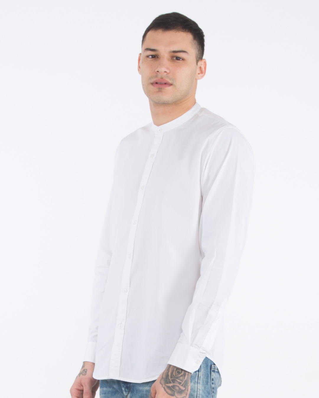 Shop Crisp White Mandarin Collar Shirt-Back