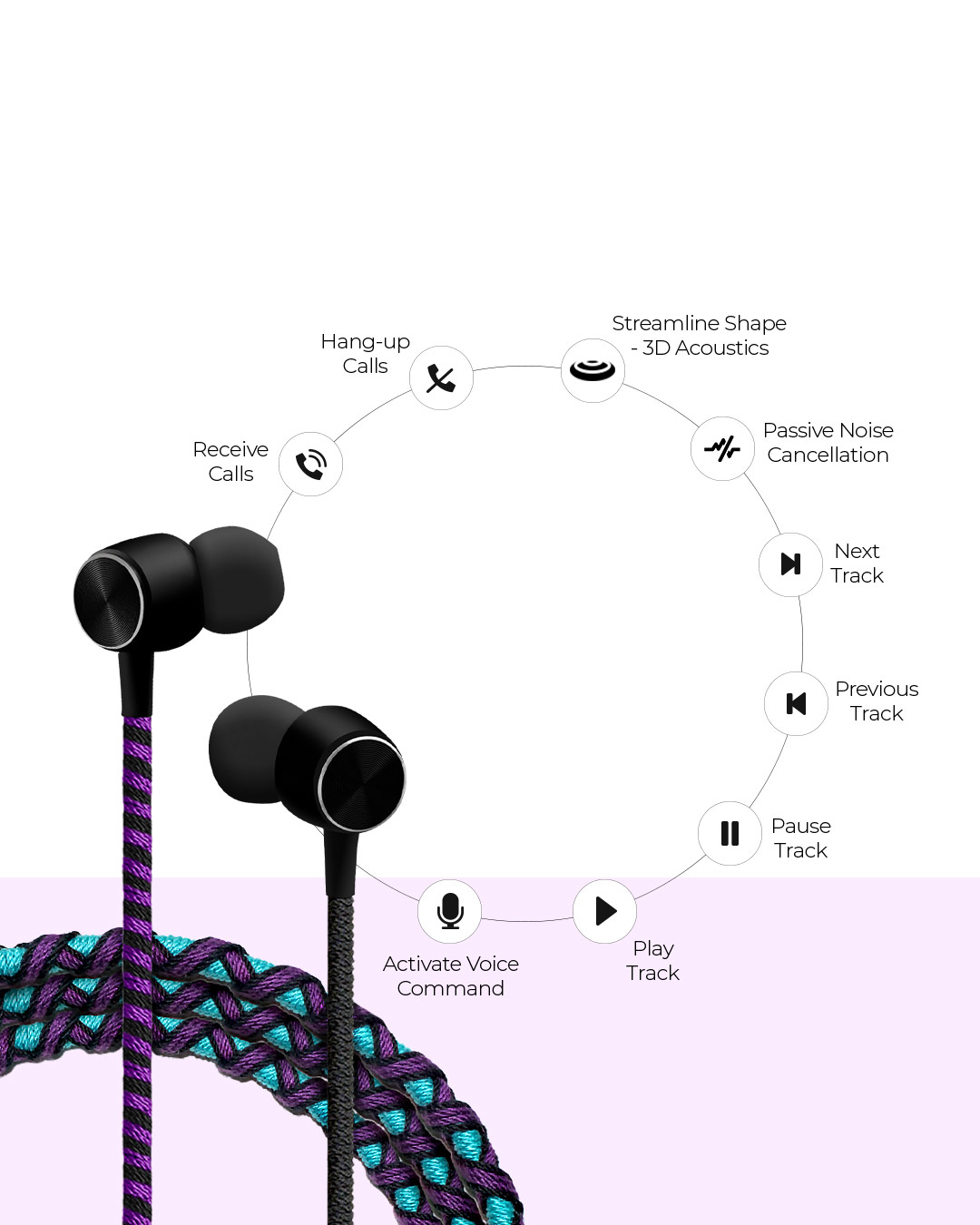Shop Pro Series Earphone With Mic & Volume Control In Blue, Black And Purple-Back