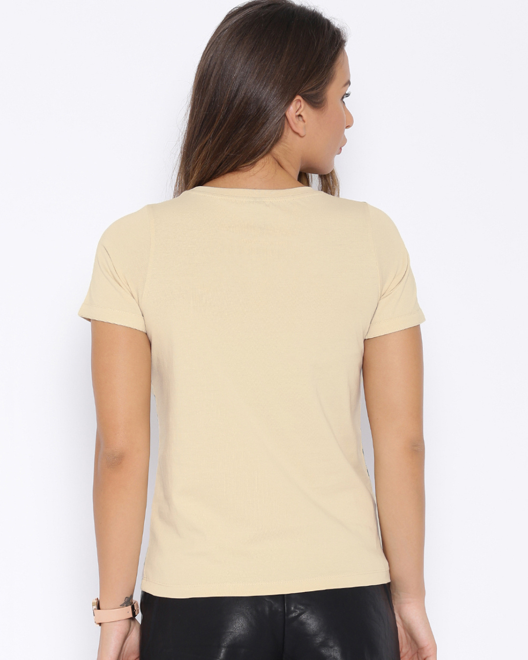 Shop Women's Beige Checkered Regular Fit T-shirt-Back