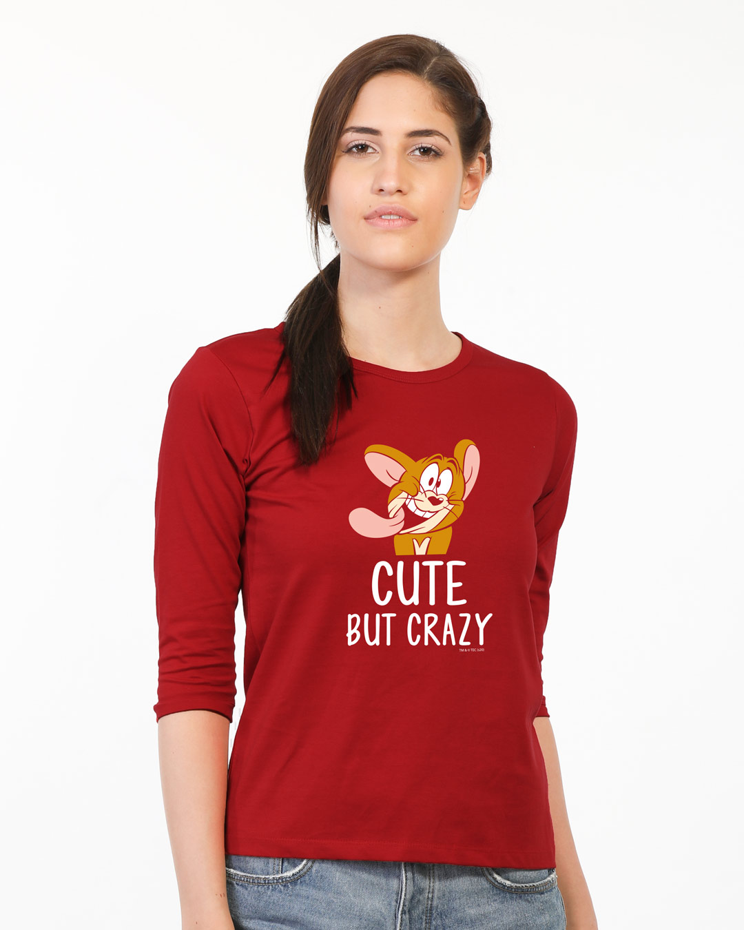 Shop Cute But Crazy Round Neck 3/4 Sleeve T-Shirt (TJL) Bold Red-Back