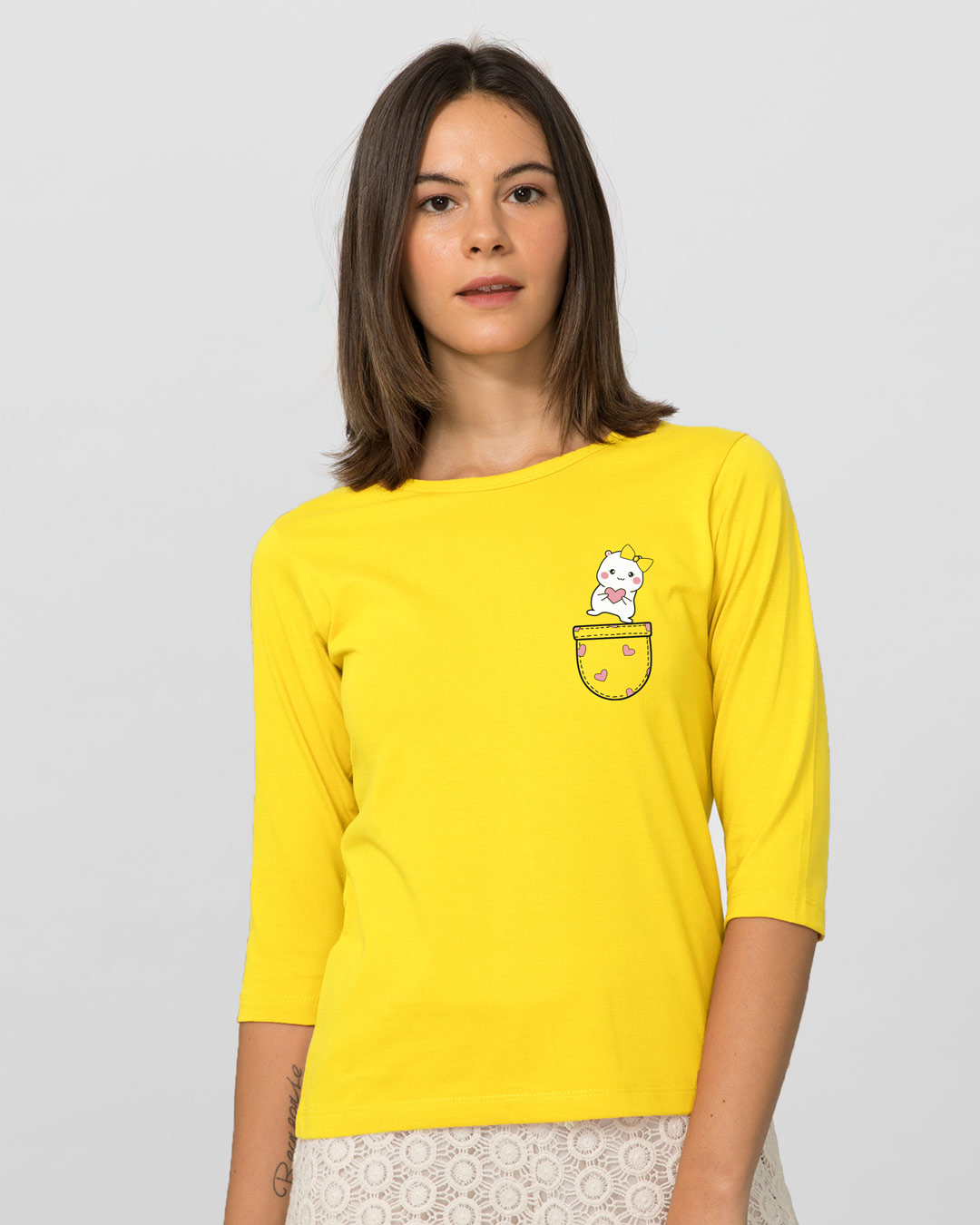 Shop Cute Heart Pocket 3/4th Sleeve Slim Fit T-Shirt Pineapple Yellow-Back