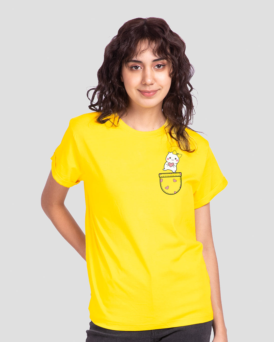 Shop Women's Yellow Cute Heart Graphic Printed Boyfriend T-shirt-Back