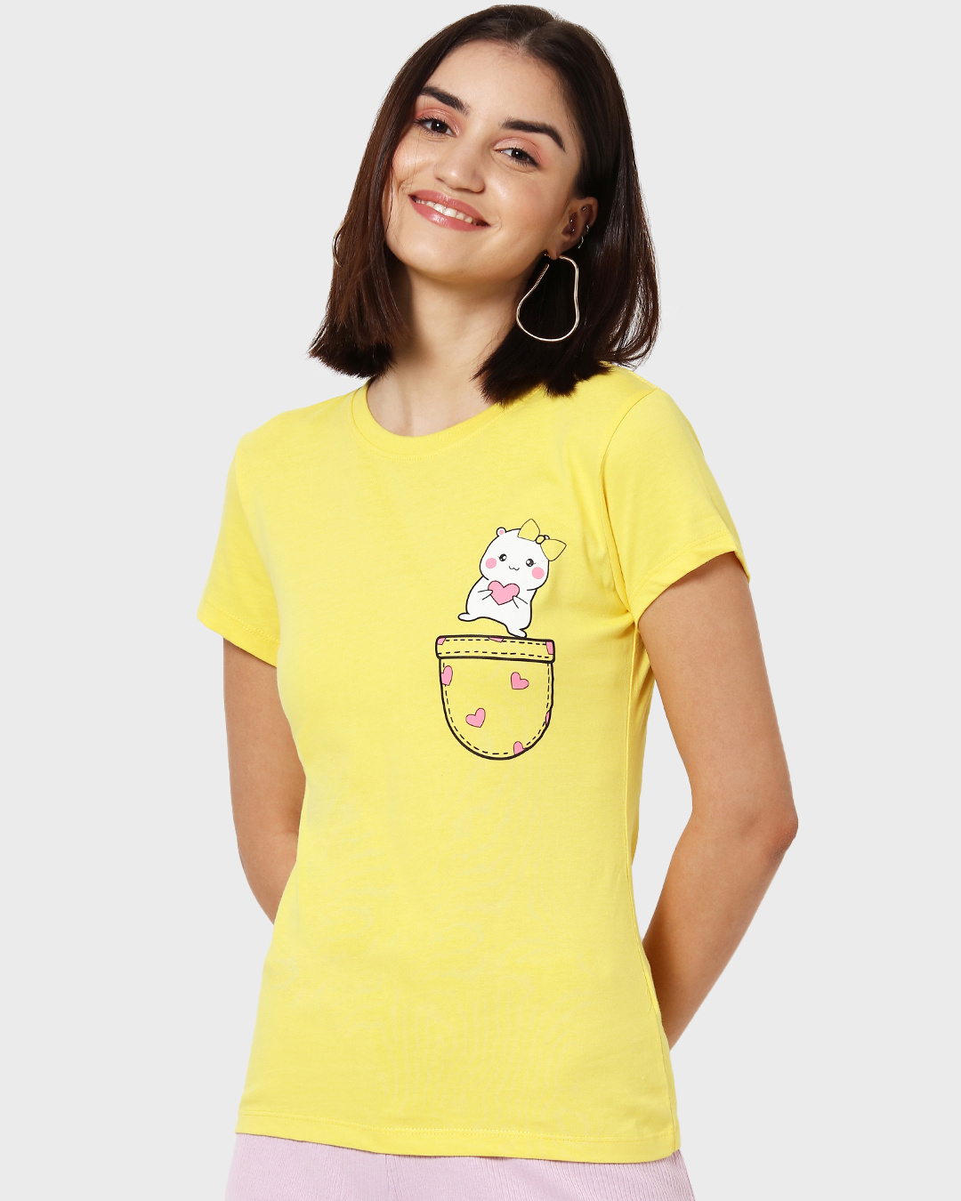 Shop Women's Yellow Cute Heart Graphic Printed Slim Fit T-shirt-Back