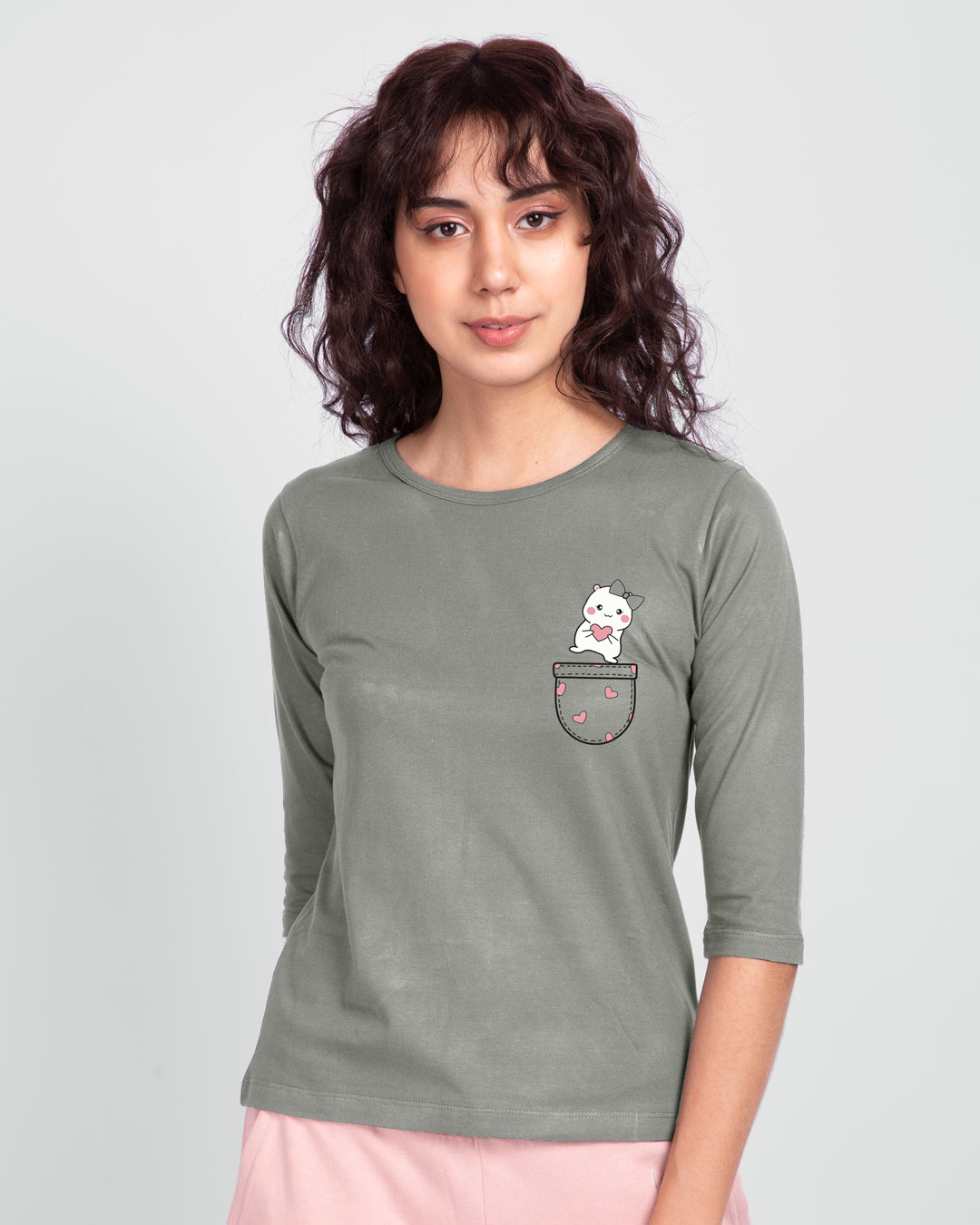 Shop Cute Heart Pocket Round Neck 3/4th Sleeve T-Shirt Meteor Grey-Back