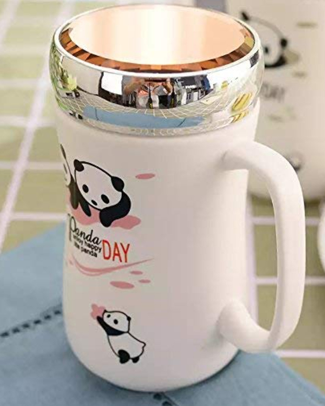 Shop Cute Panda Combo Ceramic Mug, With Lid(400ml, White, Single Piece)-Back