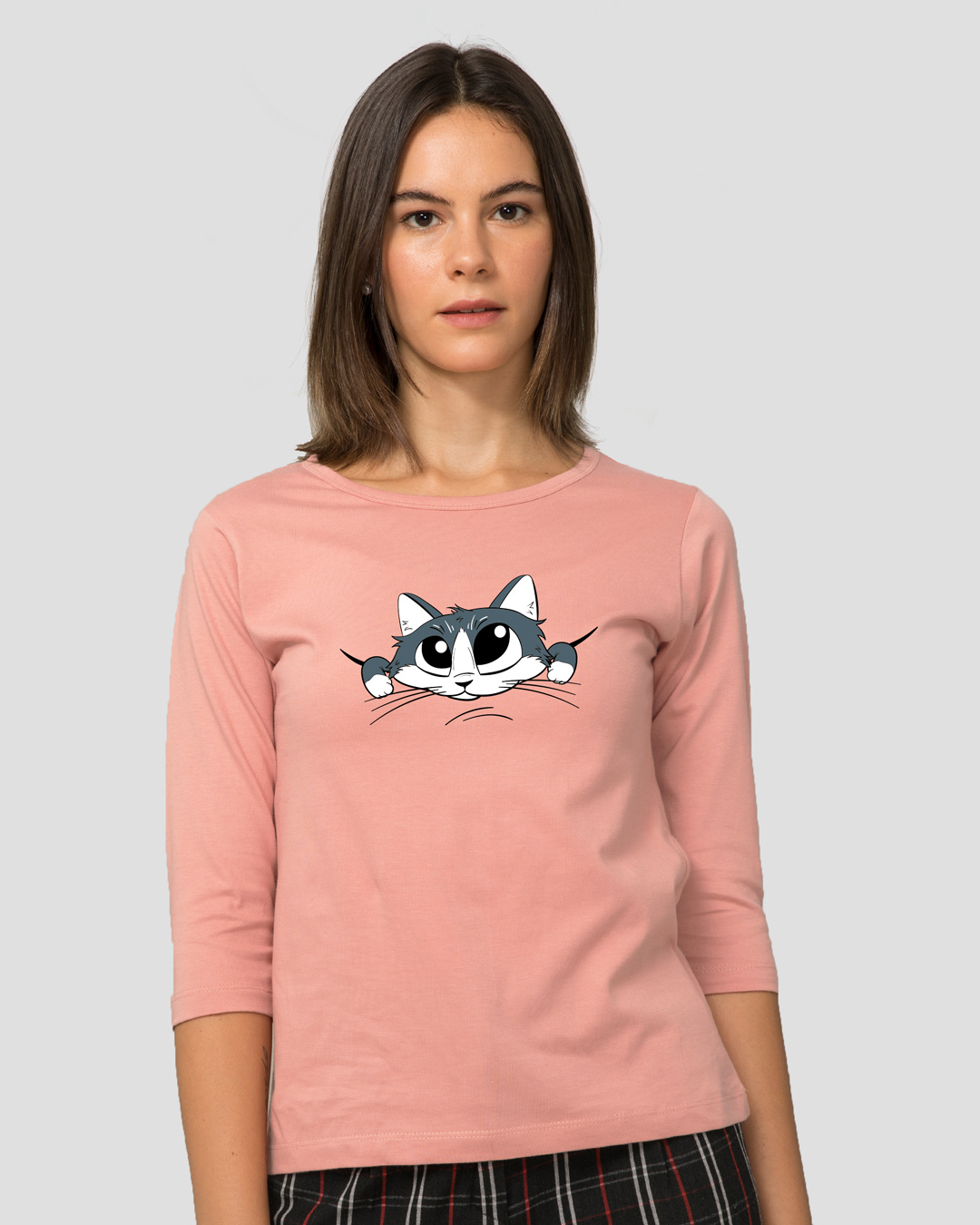 Shop Cute Peeking Cat 3/4 Sleeve Slim Fit T-Shirt-Back