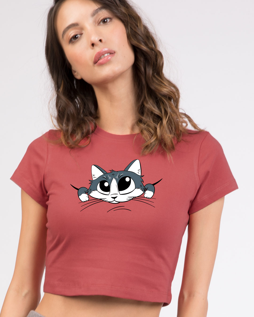 Buy Cute Peeking Cat Round Neck Crop Top T-Shirt for Women red Online ...