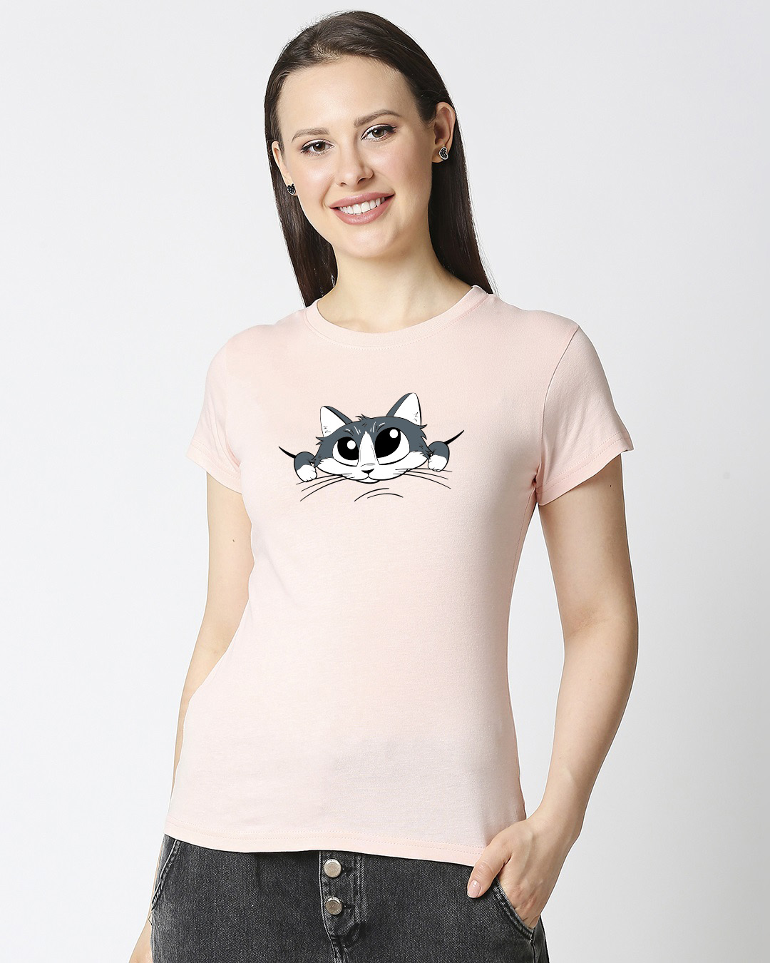 Shop Cute Peeking Cat Women's Printed Pink T-shirt-Back