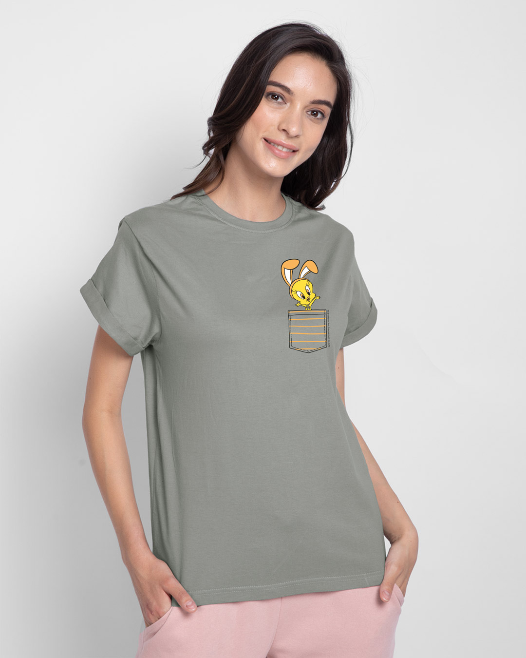 Shop Cute Tweety Pocket Boyfriend T-Shirt (LTL) Meteor Grey-Back