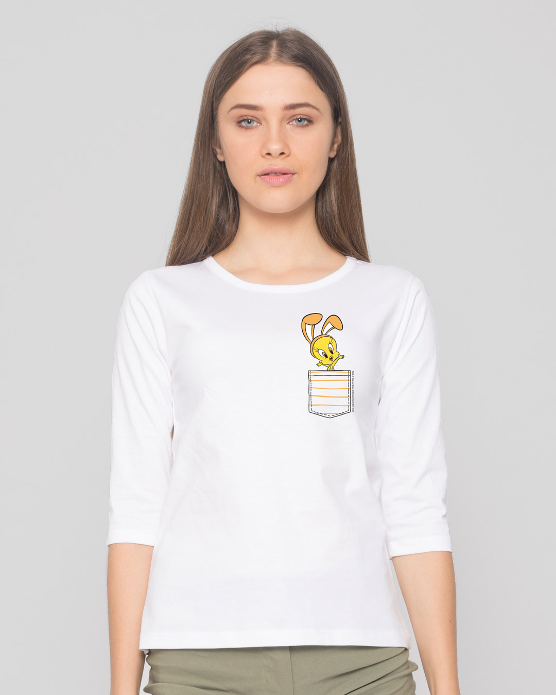 Shop Cute Tweety Pocket Round Neck 3/4 Sleeve T-Shirt (LTL) White-Back