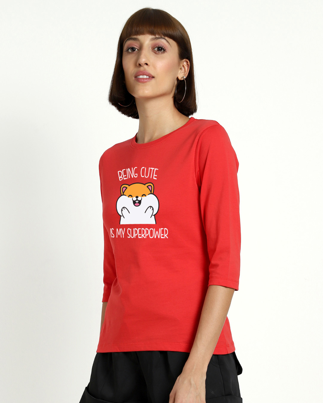 Shop Women's Red Cuteness Superpower 3/4th Sleeve Graphic Printed Slim Fit T-shirt-Back