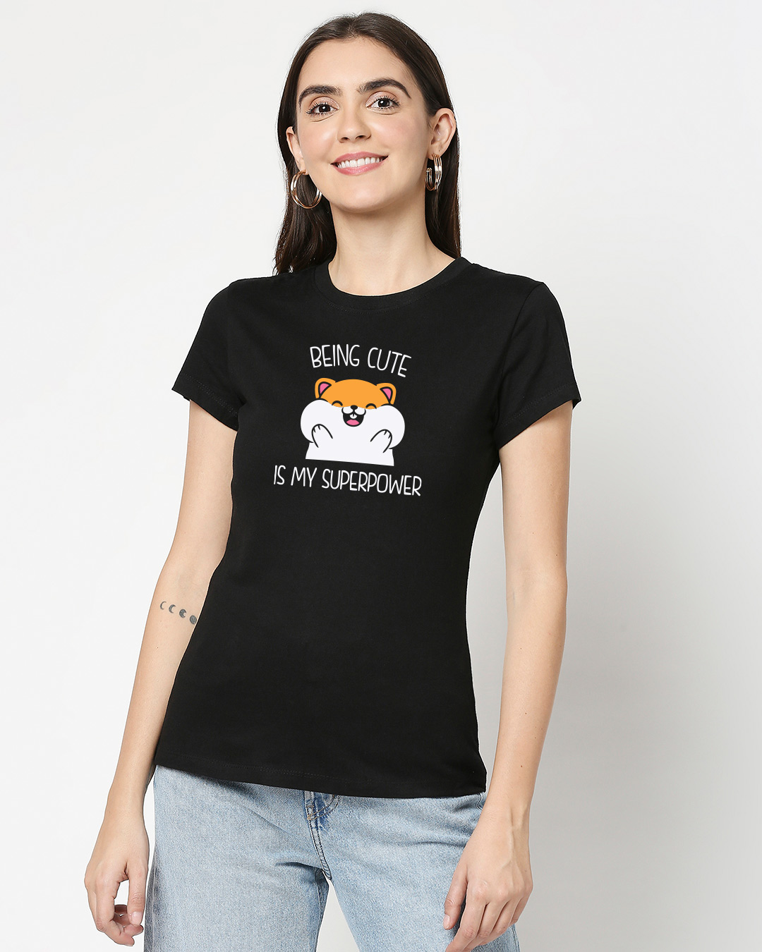 Shop Women's Black Cuteness Superpower Graphic Printed Slim Fit T-shirt-Back