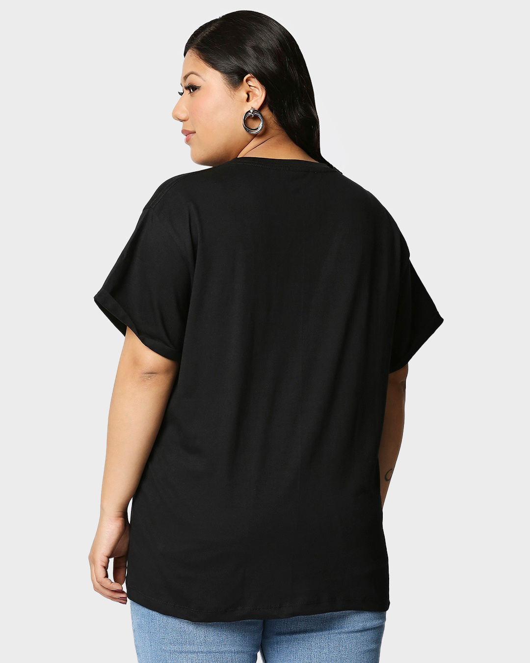 Shop Women's Black Cuteness Superpower Graphic Printed Plus Size Boyfriend T-shirt-Back