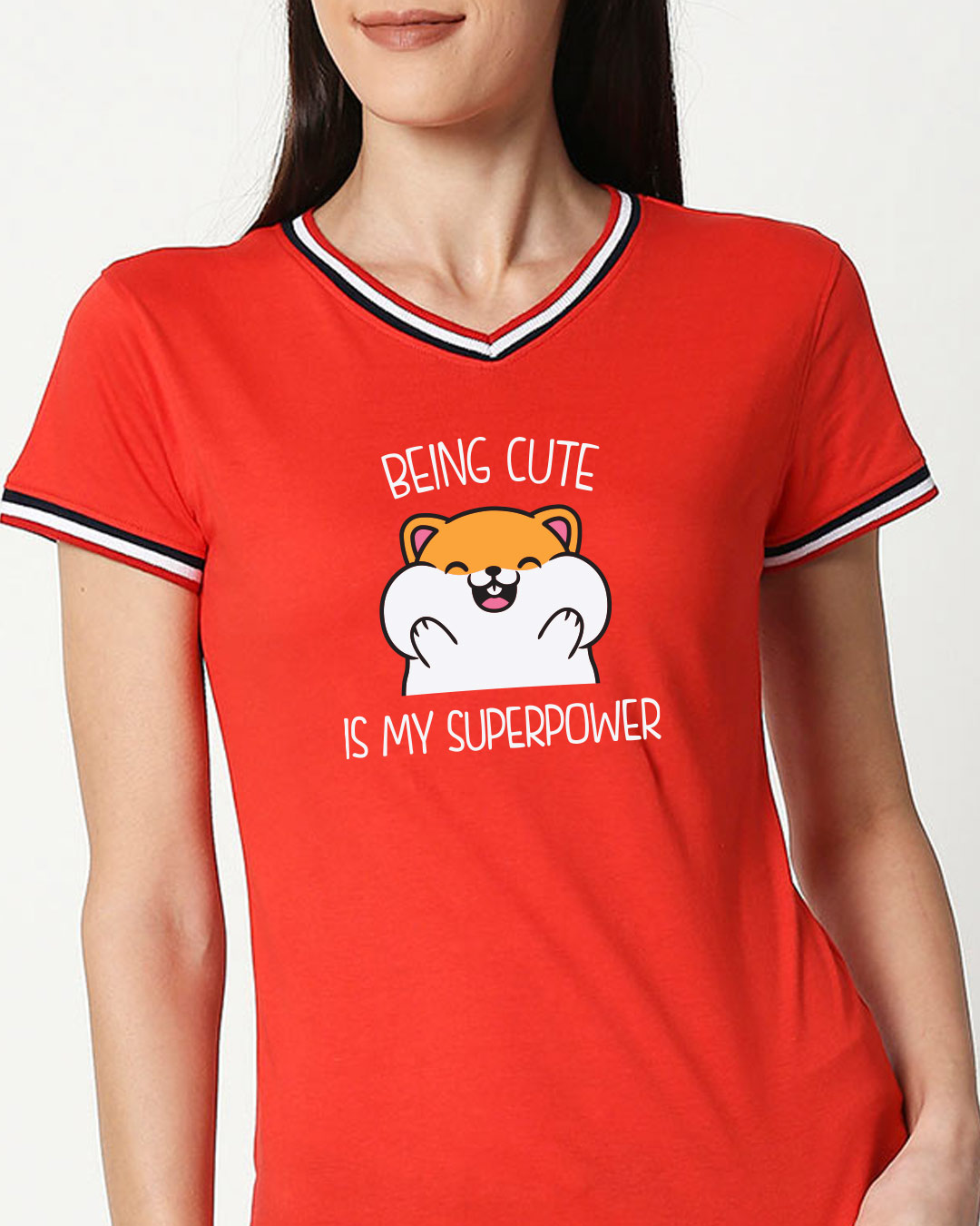 Shop Cuteness Superpower Women's Printed V Neck Varsity Rib T-Shirt-Back