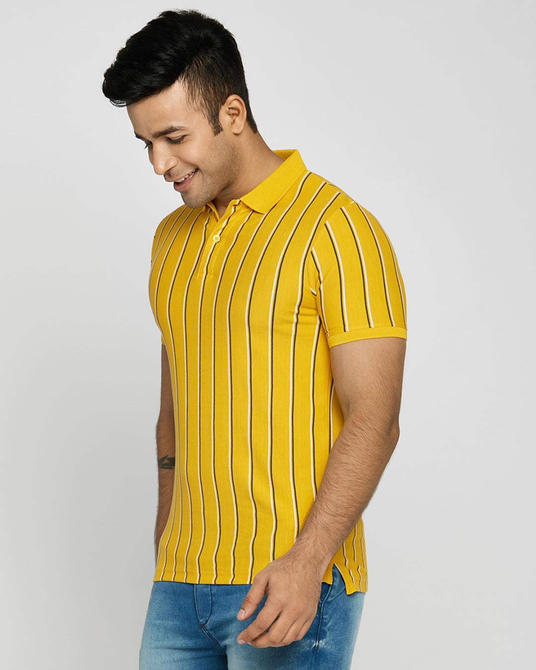 Shop Cyber Yellow Vertical Stripe Pique Polo T-Shirt-Back