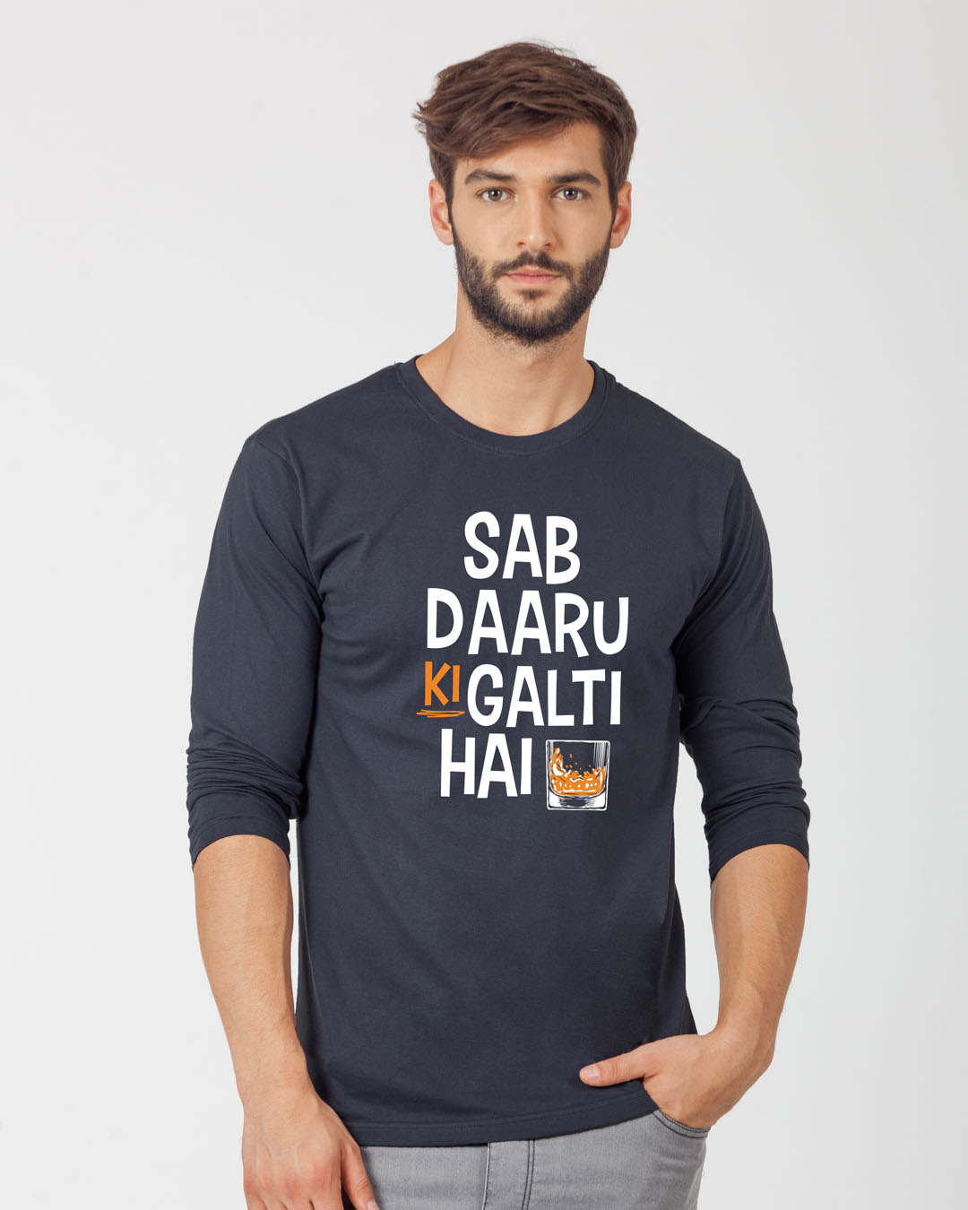 Buy Daaru Ki Galti Stone Grey Printed Full Sleeve T-Shirt For Men ...