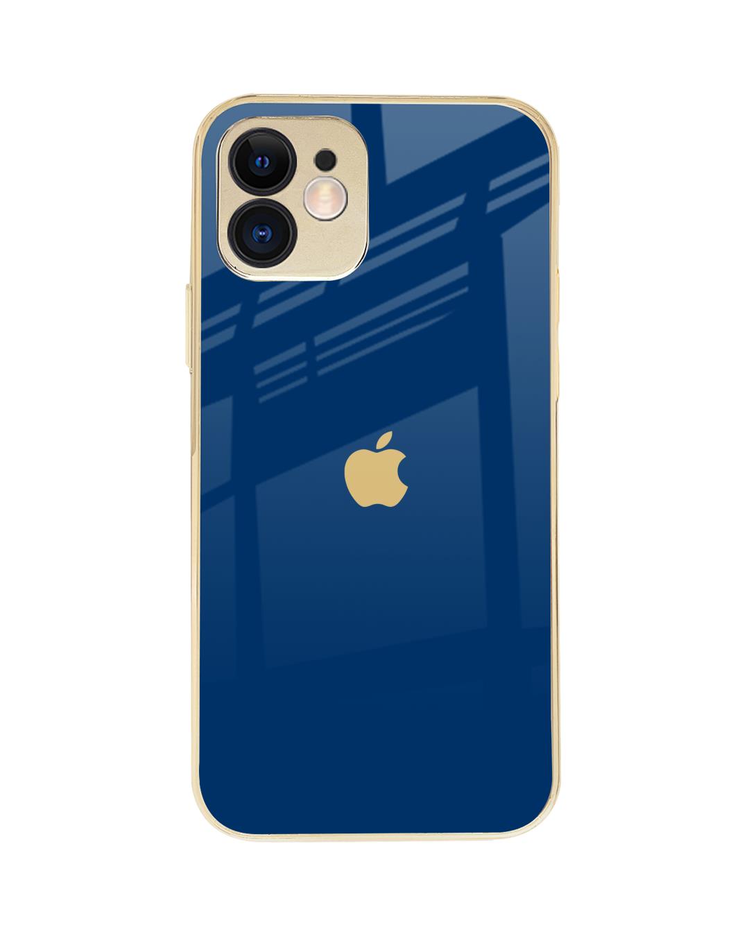 Shop Dark Blue Gold Logo Metallic Gold Premium Glass Case for Apple iPhone 12-Back