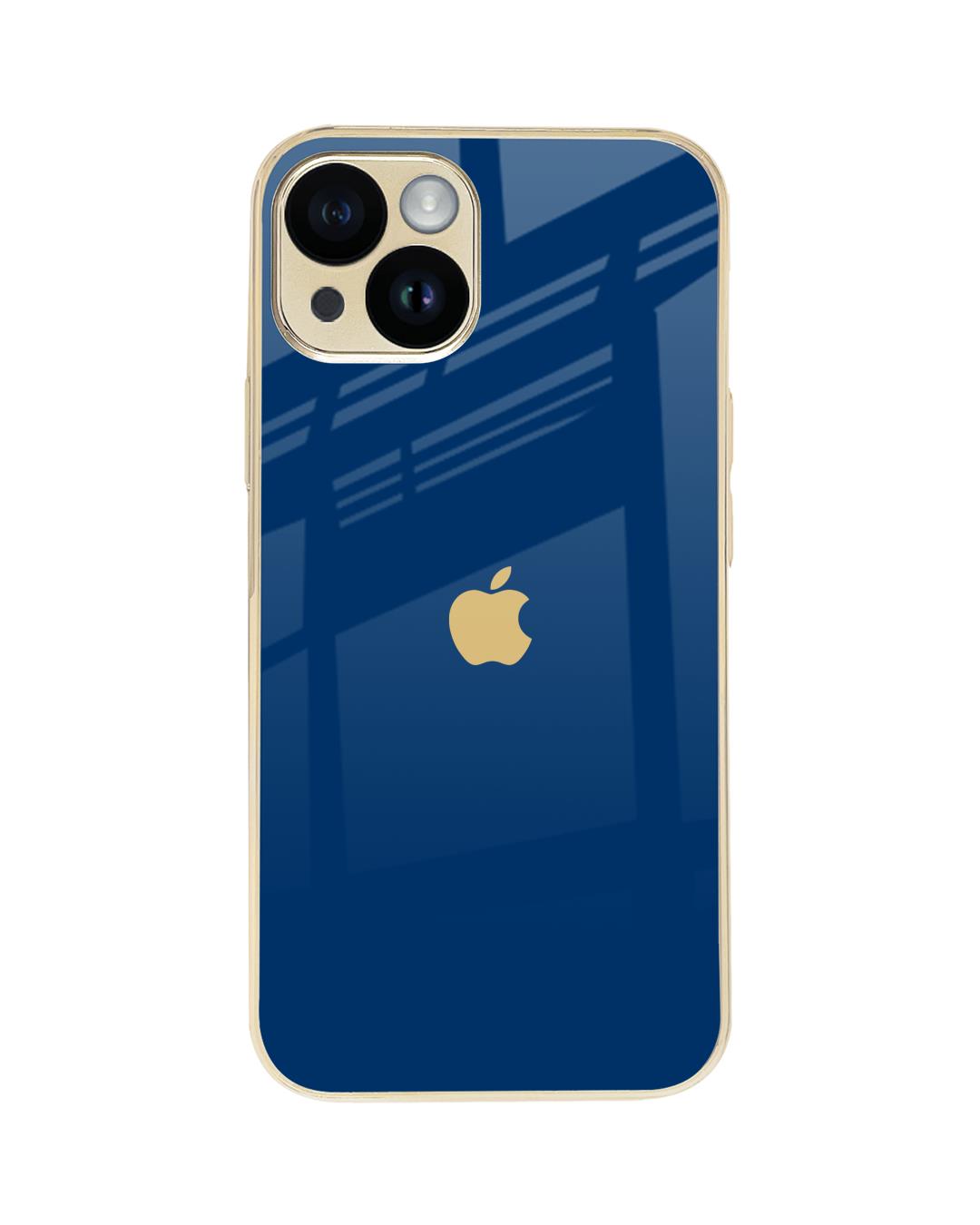Shop Dark Blue Gold Logo Metallic Gold Premium Glass Case for Apple iPhone 14-Back