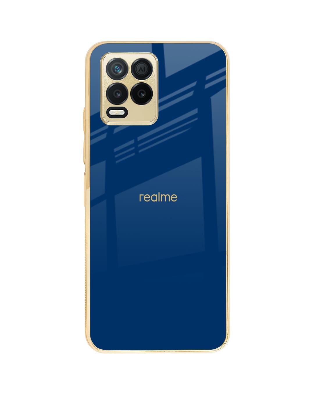 Shop Dark Blue Gold Logo Metallic Gold Premium Glass Case for Realme 8-Back