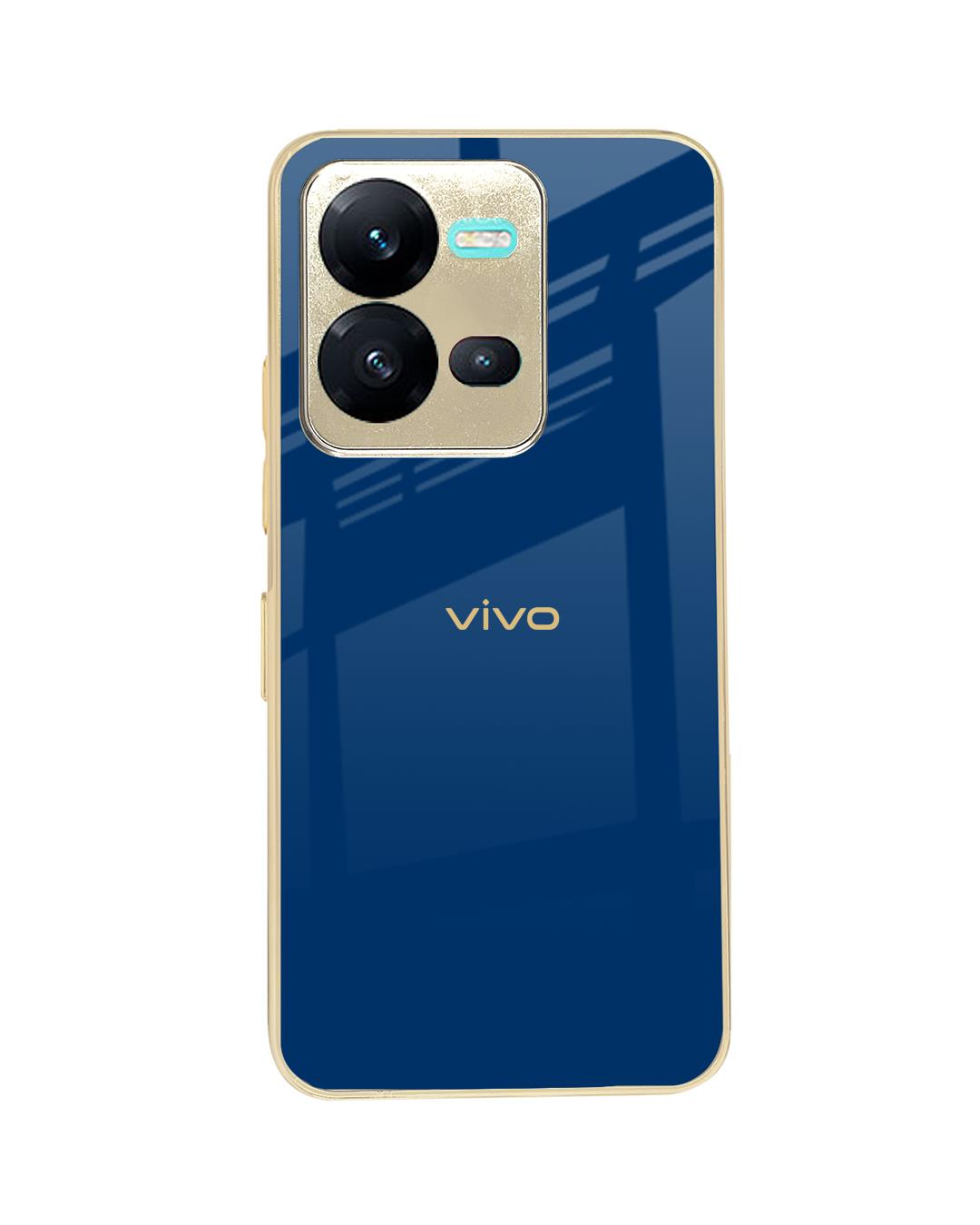 Shop Dark Blue Gold Logo Metallic Gold Premium Glass Case for Vivo V25-Back