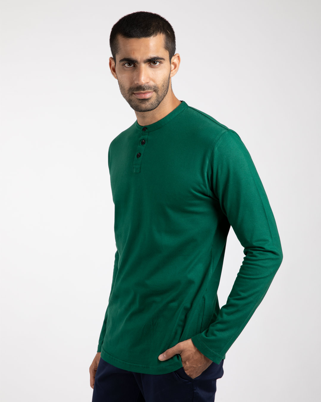 Shop Dark Forest Green Full Sleeve Henley T-Shirt-Back