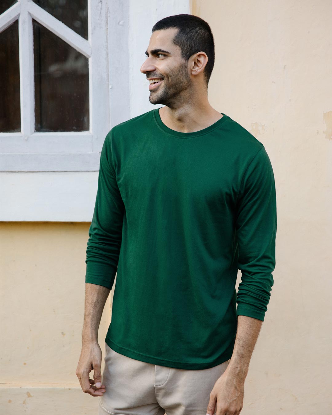 Buy Dark Forest Green Plain Full Sleeve T-Shirt For Men Online India ...