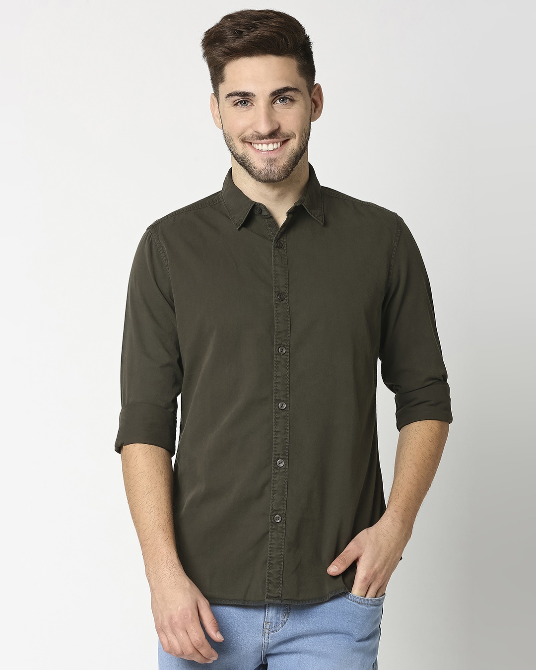 Shop Dark Grey Casual Slim Fit Over Dyed Shirt-Back