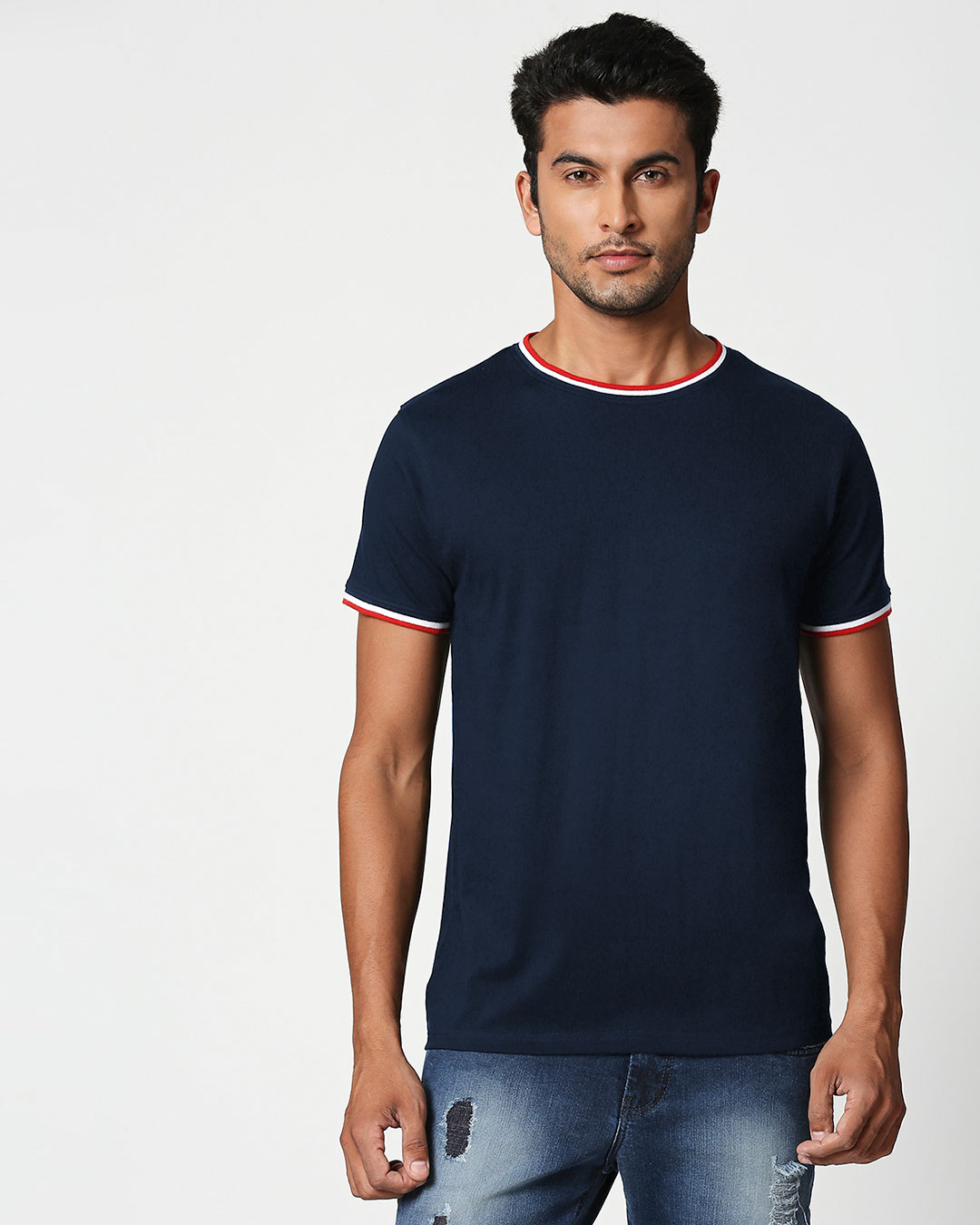 

Dark Navy Crewneck Varsity Rib Half Sleeves T-shirt Men' Plain Crewneck Varsity Rib H/ T-shirt Bewakoof.com, Blue-blue-white-red