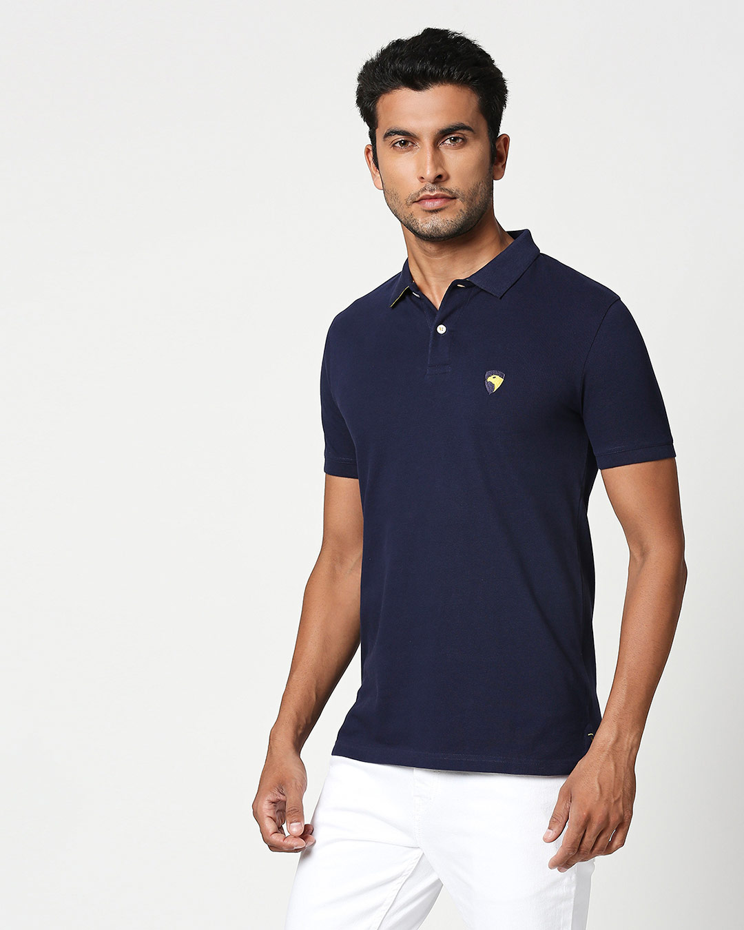 Shop Dark Navy-Cyber Yellow Contrast Collar Pique Polo T-Shirt-Back