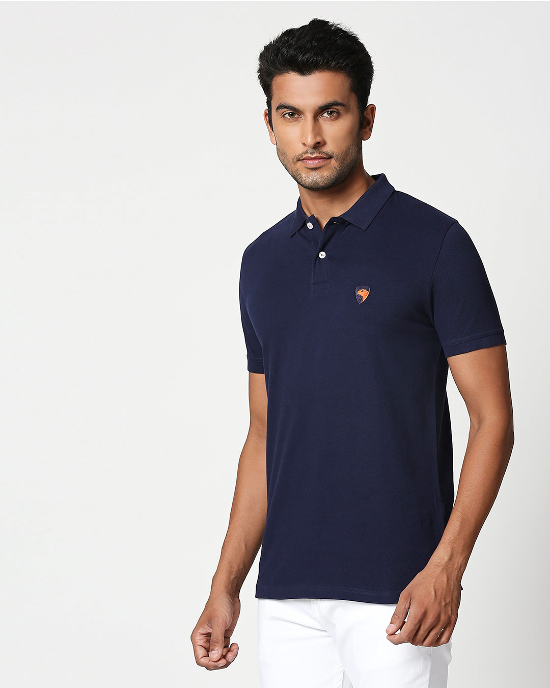 Shop Dark Navy-Neon Tangerine Contrast Collar Pique Polo T-Shirt-Back