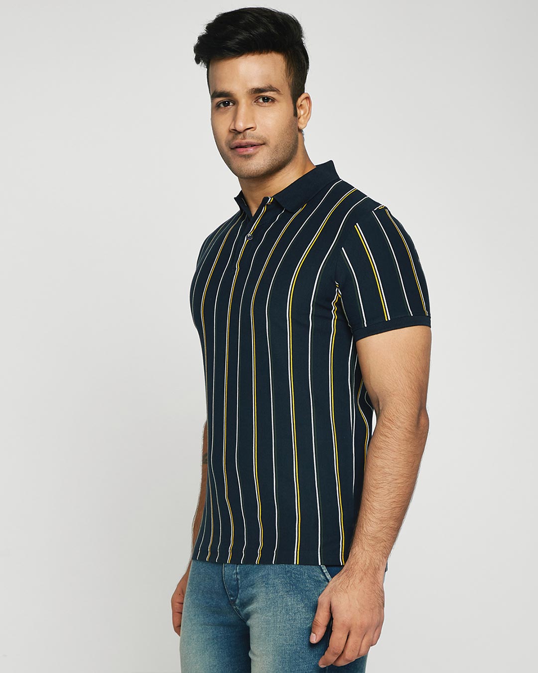 Shop Dark Navy Vertical Striped Pique Polo T-Shirt-Back