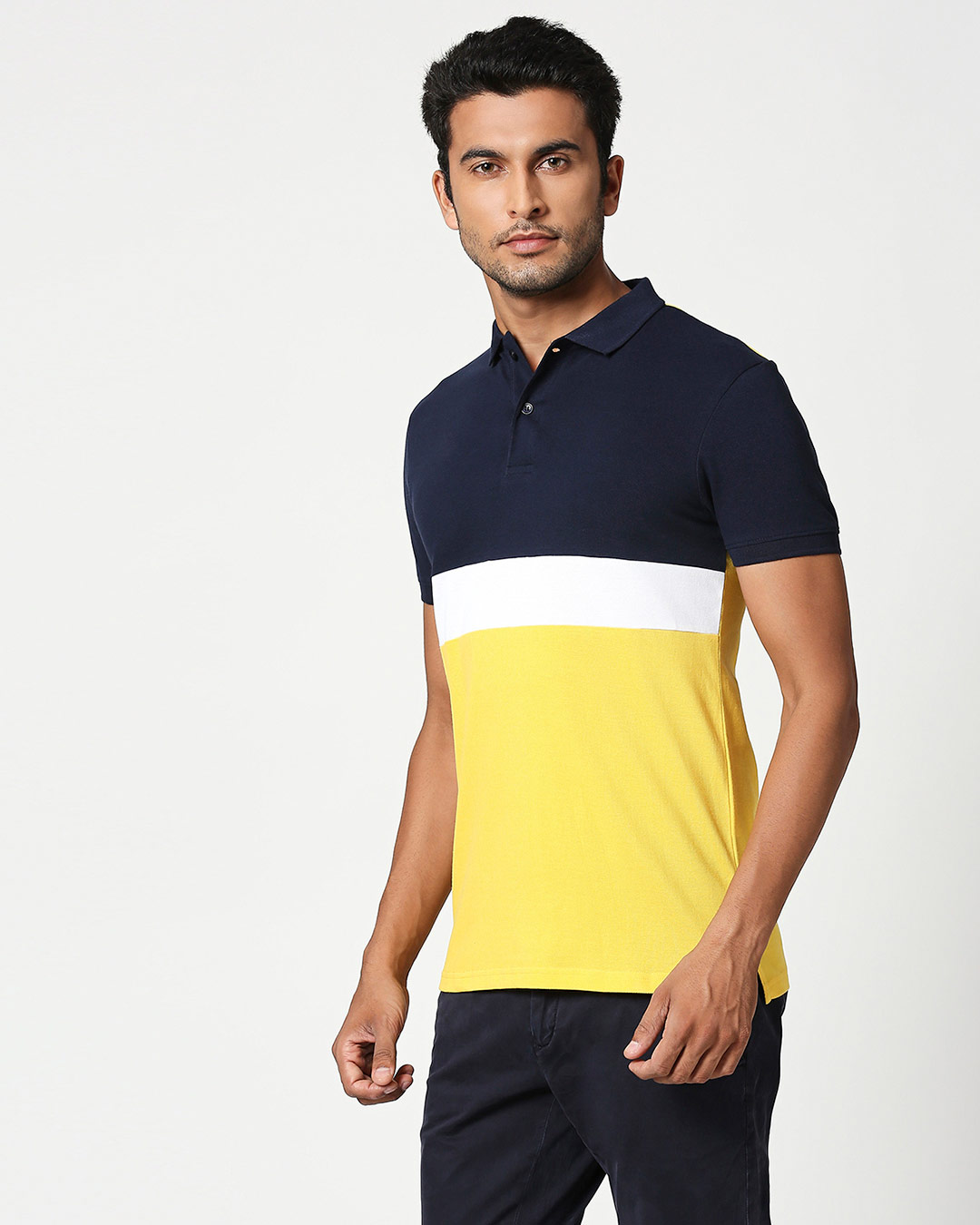 Shop Dark Navy-White-Cyber Yellow Triple Block Polo T-Shirt-Back