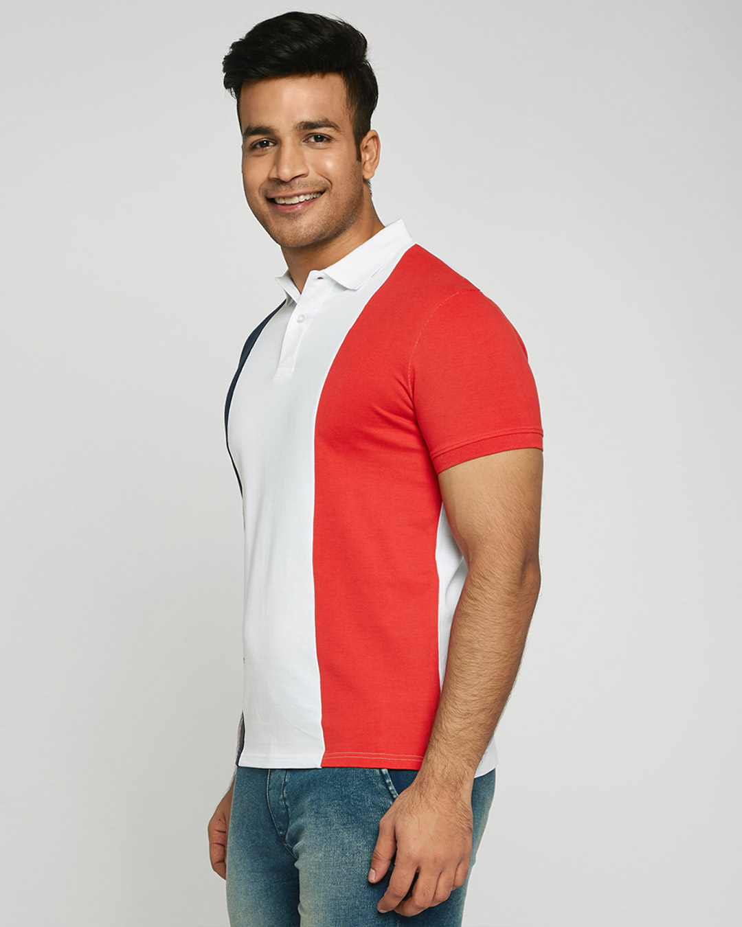 Shop Dark Navy-White-Imperial Red Triple Vertical Block Polo T-Shirt-Back