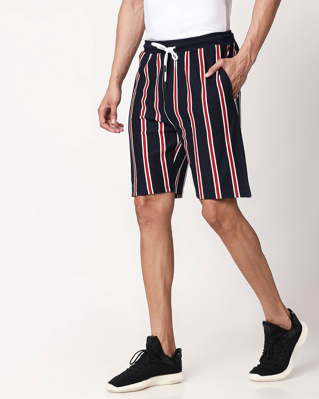 Shop Dark Navy-White-Imperial Red Vertical Stripe Shorts-Back