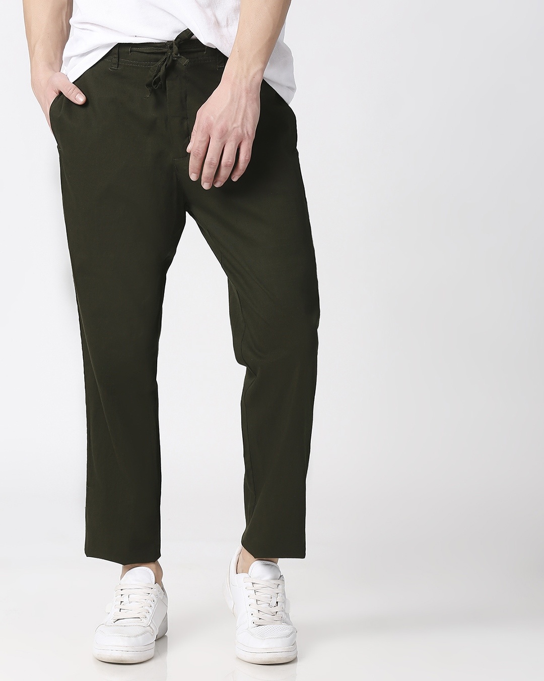 

Dark Olive Casual Cotton Pants Men's Plain Casual Trousers Bewakoof.com, Green
