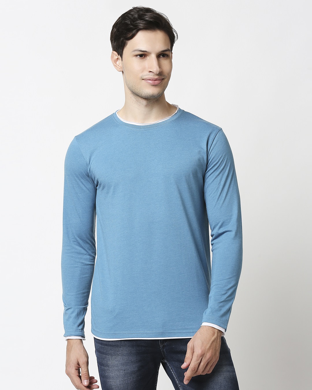 Shop Deep Lake Melange Raw Edge Full Sleeve T-Shirt-Back