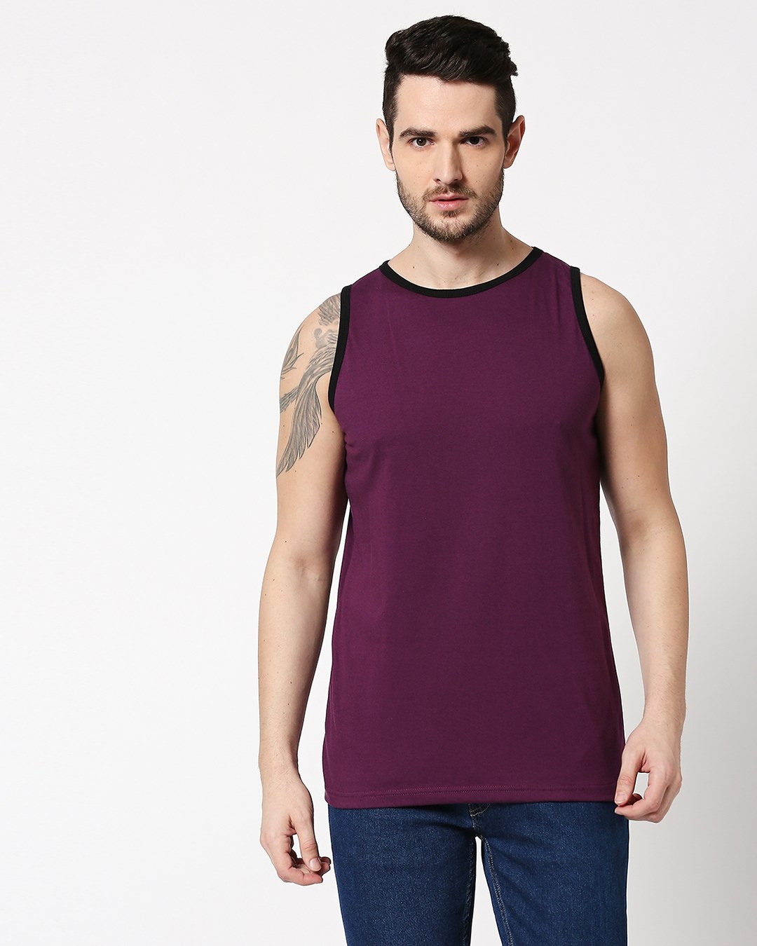 Shop Deep Purple Contrast Binding Round Neck Vest-Back