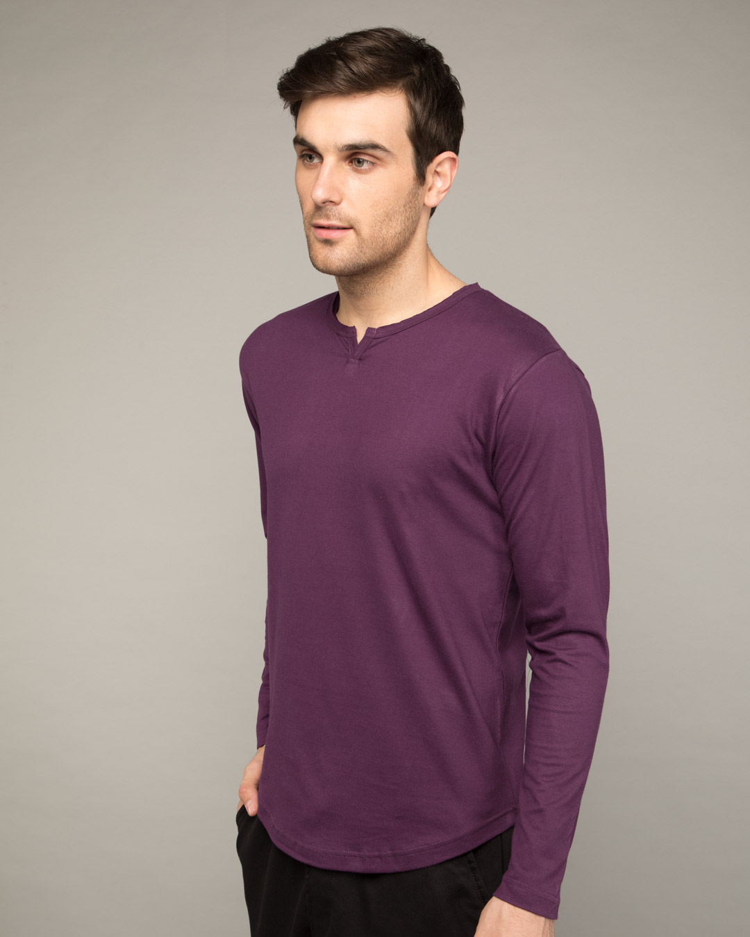 Shop Deep Purple Slit Neck Full Sleeve Henley T-shirt-Back