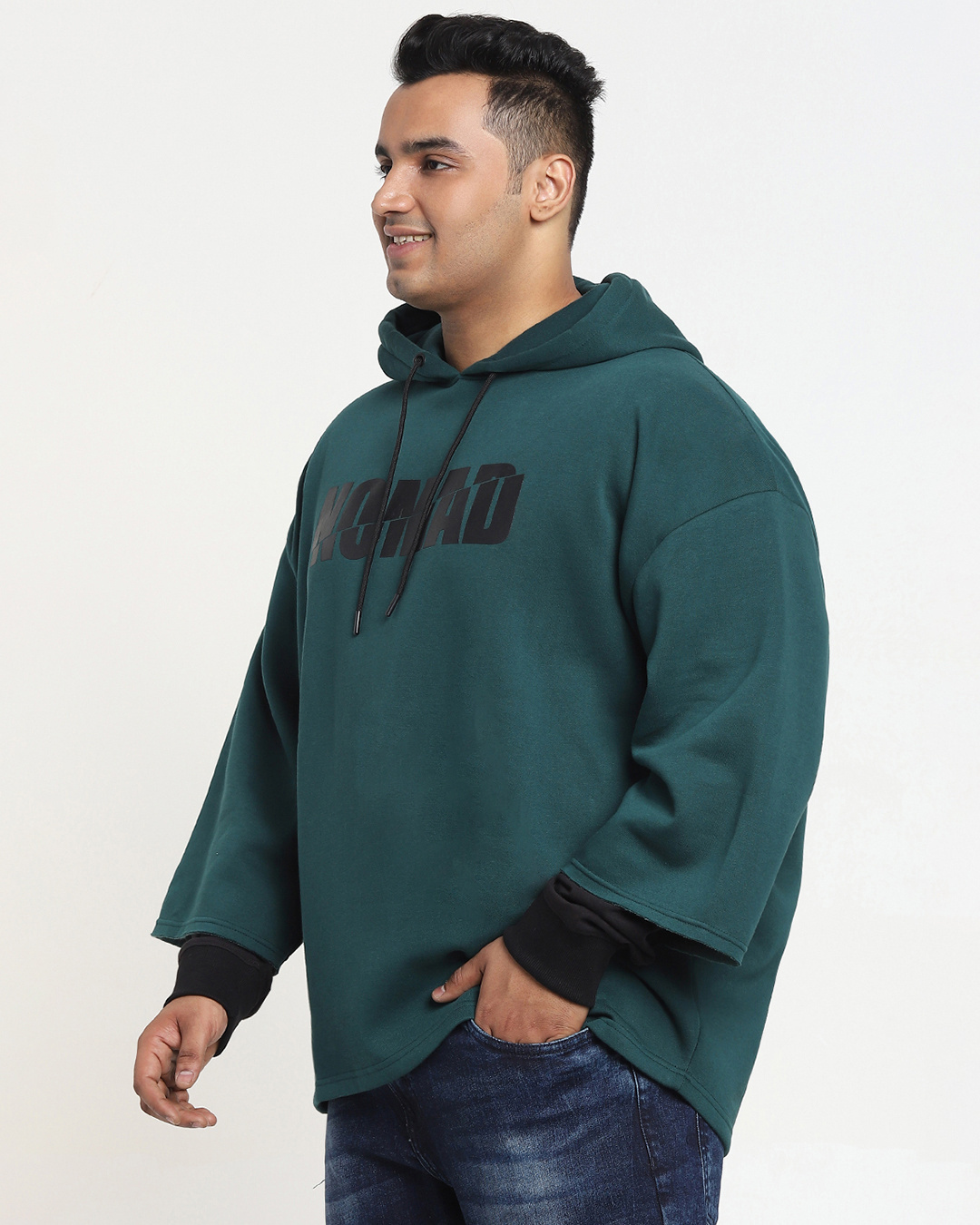 Shop Men's Deep Teal Typography Plus Size Oversized Layered Hoodie-Back