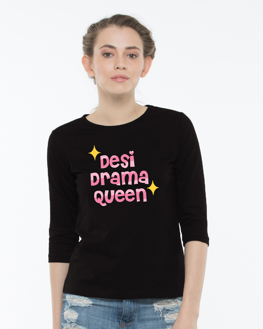 Buy Desi Drama Queen Round Neck 3/4th Sleeve TShirt for Women black