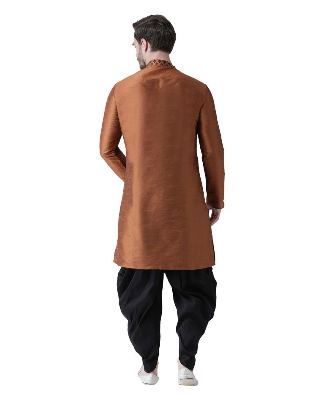 Shop Dupion Silk Copper Knee Length Full Sleeve Regular Fit Printed Kurta For Men-Back