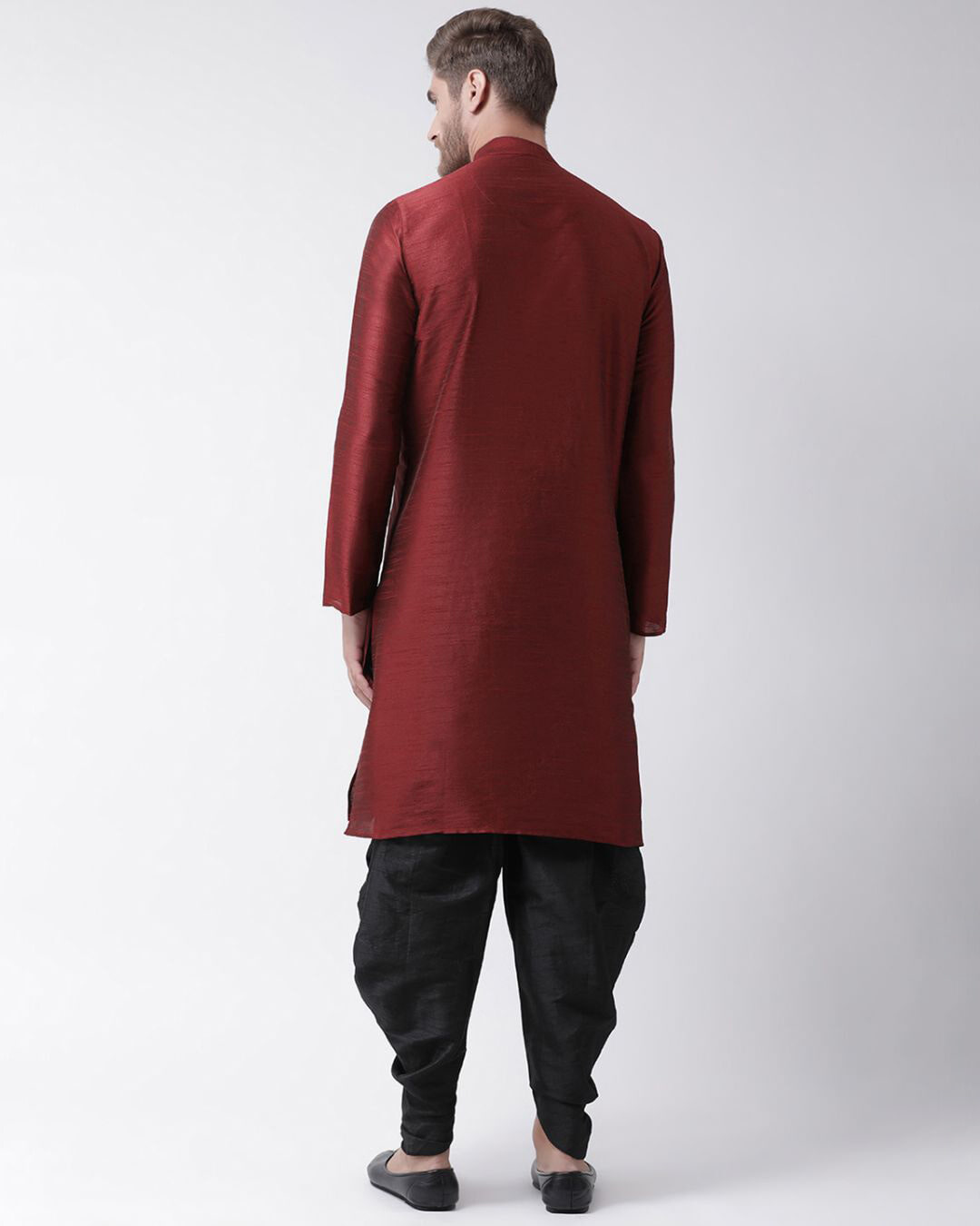 Shop Dupion Silk Maroon Knee Length Full Sleeve Regular Fit Solid Ethnic Wear For Men-Back