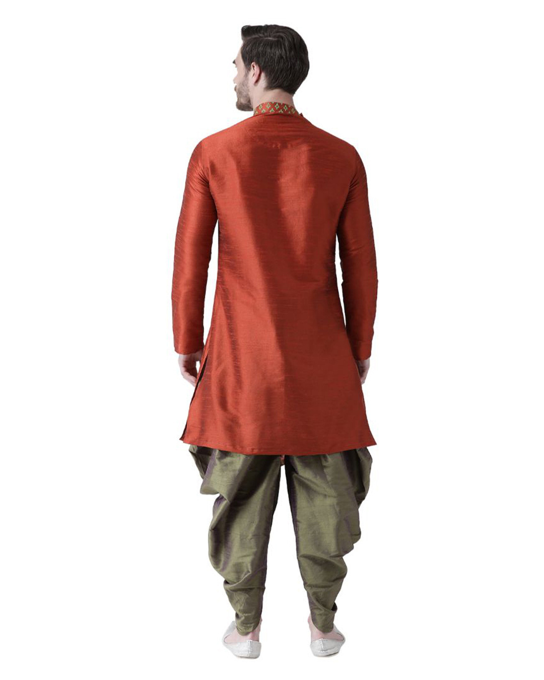Shop Dupion Silk Orange Knee Length Full Sleeve Regular Fit Printed Kurta For Men-Back