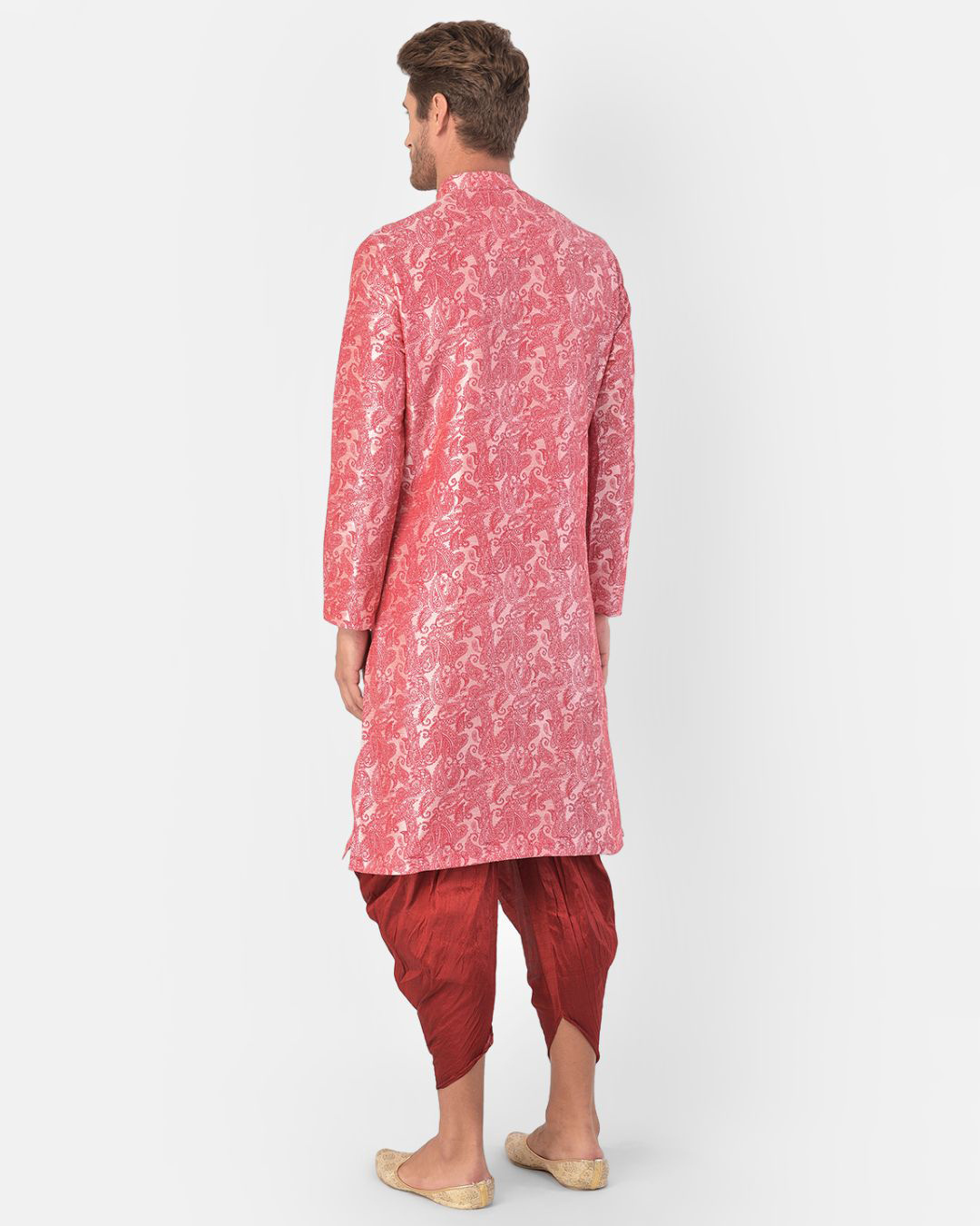 Shop Dupion Silk Peach Knee Length Full Sleeve Regular Fit Printed Ethnic Wear For Men-Back