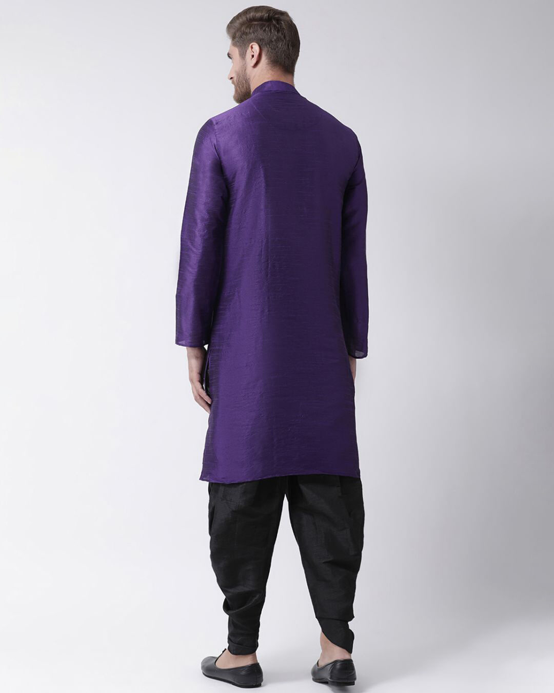Shop Dupion Silk Purple Knee Length Full Sleeve Regular Fit Solid Ethnic Wear For Men-Back