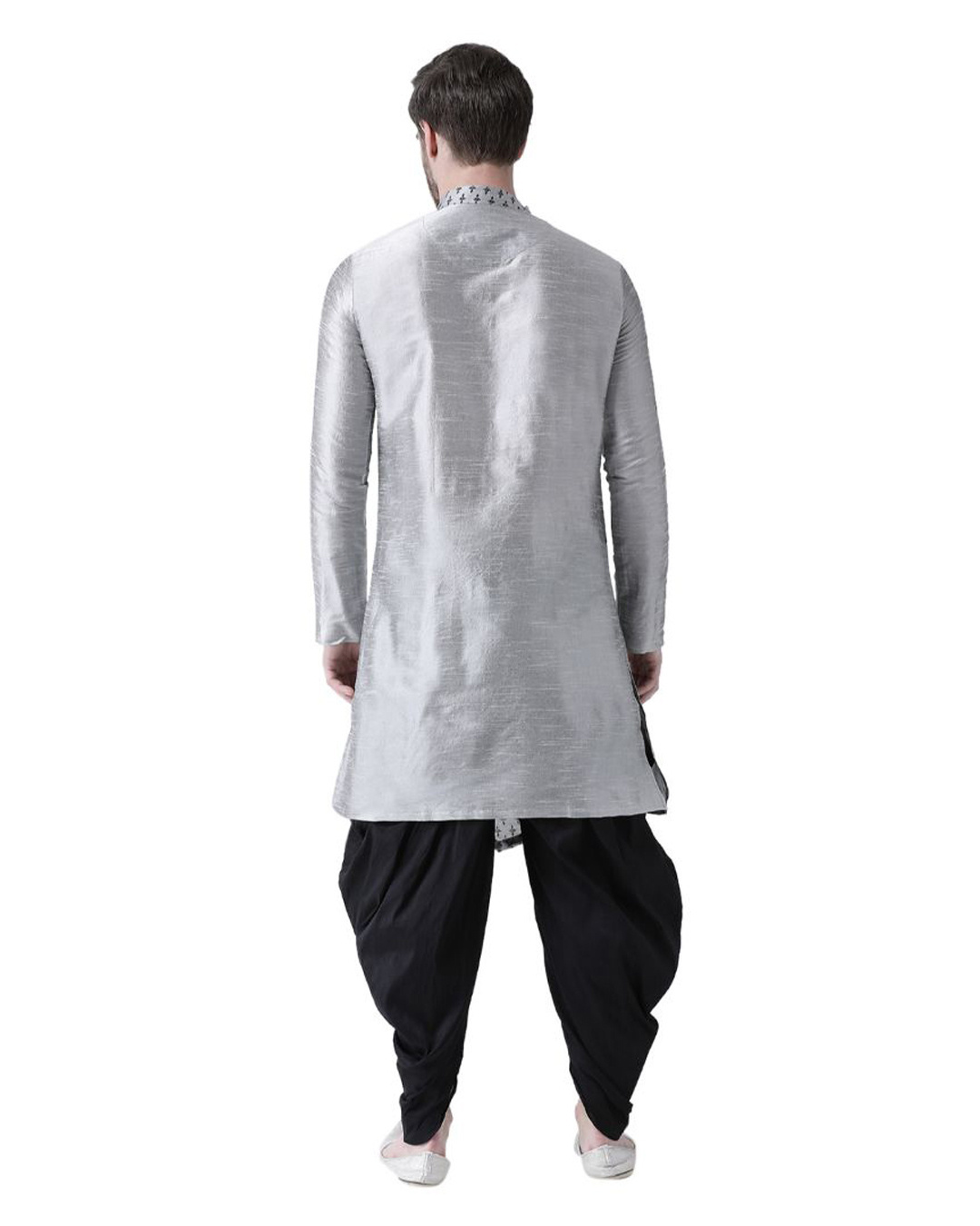 Shop Dupion Silk Silver Knee Length Full Sleeve Regular Fit Printed Kurta For Men-Back