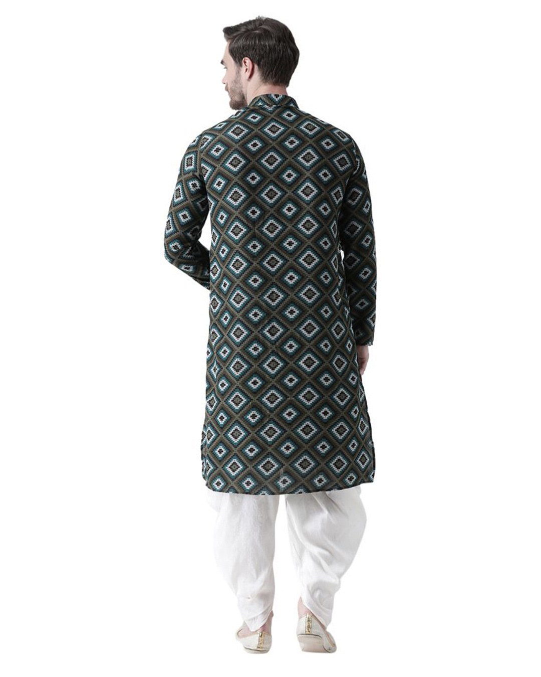 Shop Rayon Knee Length Deep Green Color Full Sleeve Regular Fit Straight Kurta For Men-Back
