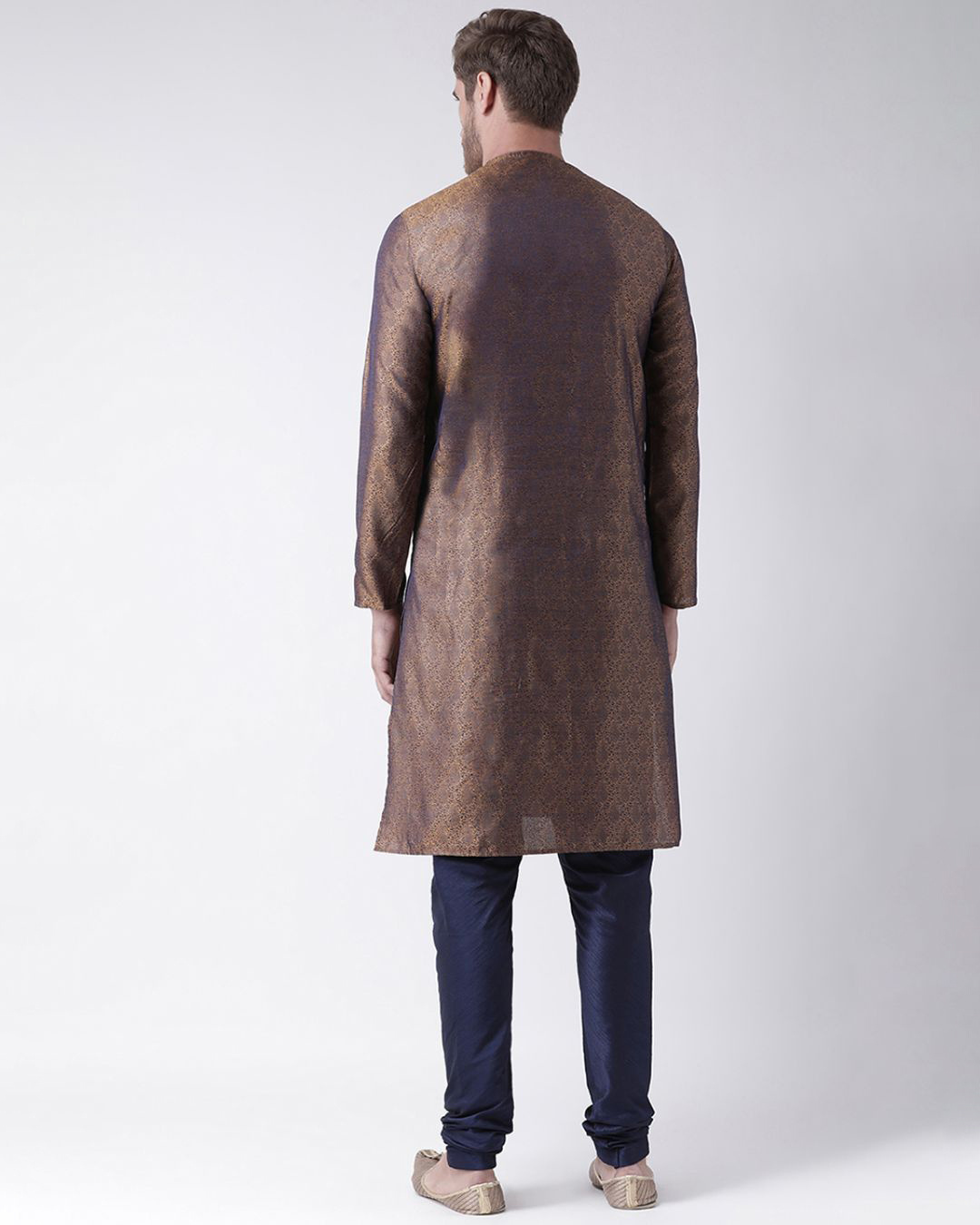 Shop Silk Blend Knee Length Brown Color Full Sleeve Regular Fit Straight Kurta For Men-Back
