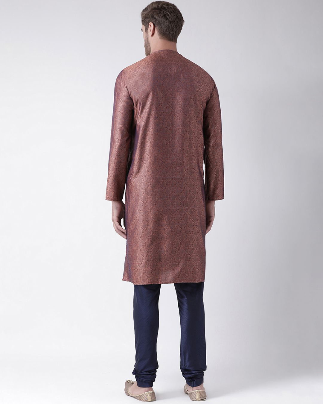 Shop Silk Blend Knee Length Copper Color Full Sleeve Regular Fit Straight Kurta For Men-Back